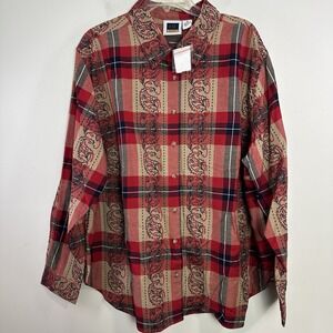 C.S.T. Sport Women's 1X Button Down long sleeve‎ shirt Embroidered Paisley Plaid